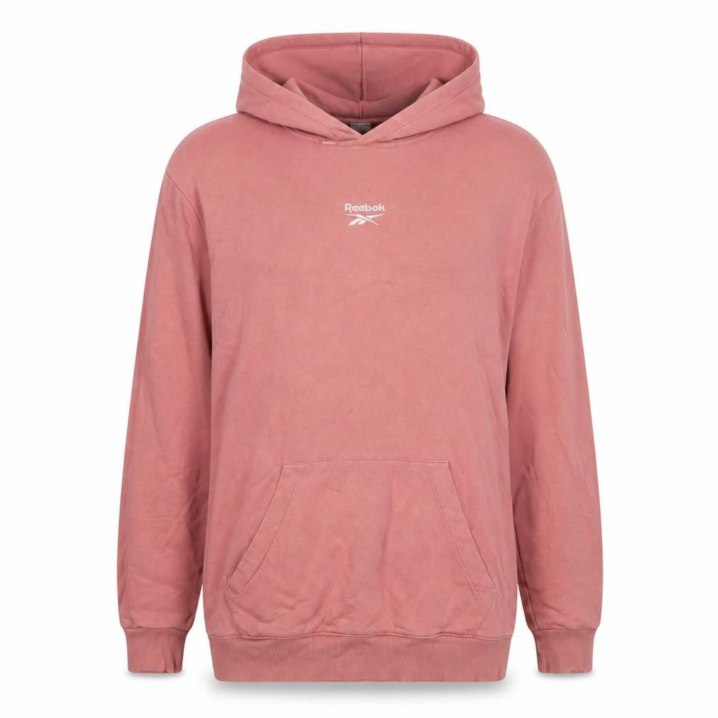 Front view of Reebok women’s pink cotton pullover hoodie, size M, pullover - logo, embroidered