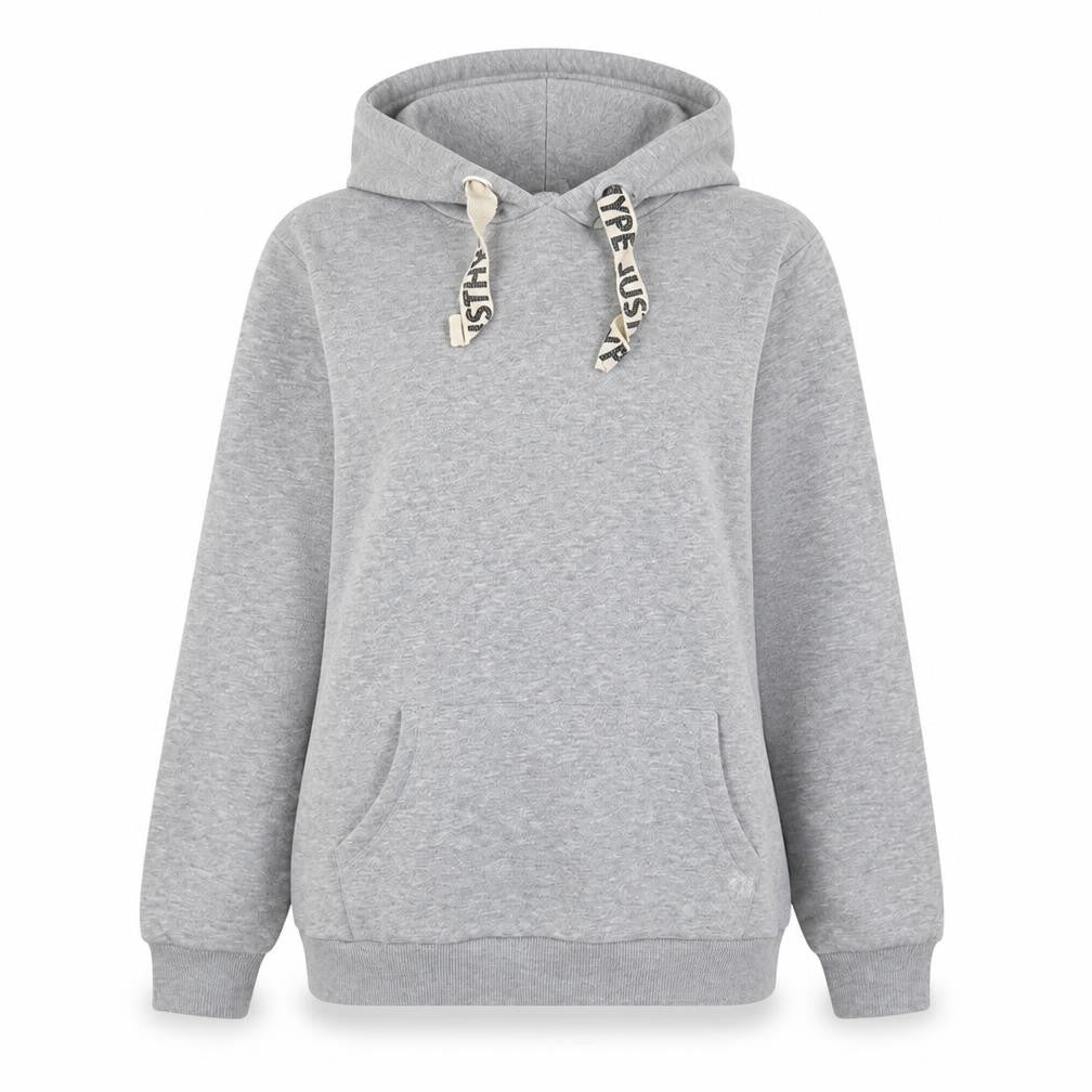 Front view of Hype women’s grey cotton pullover hoodie, size UK 8, pullover