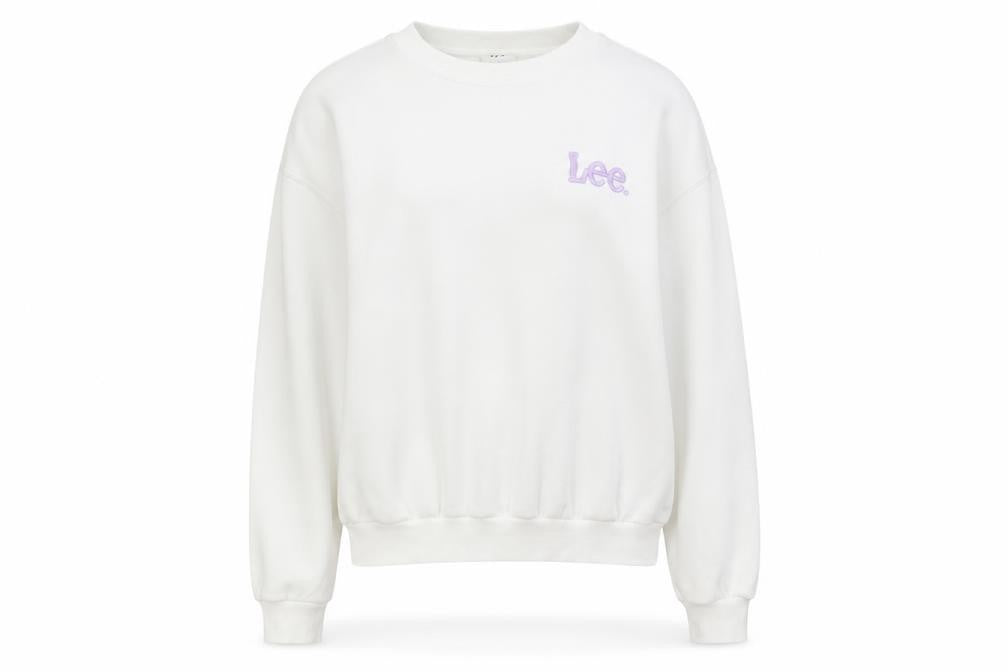 Front view of Lee X H&M women’s white cotton pullover sweatshirt, size L, pullover - embroidered