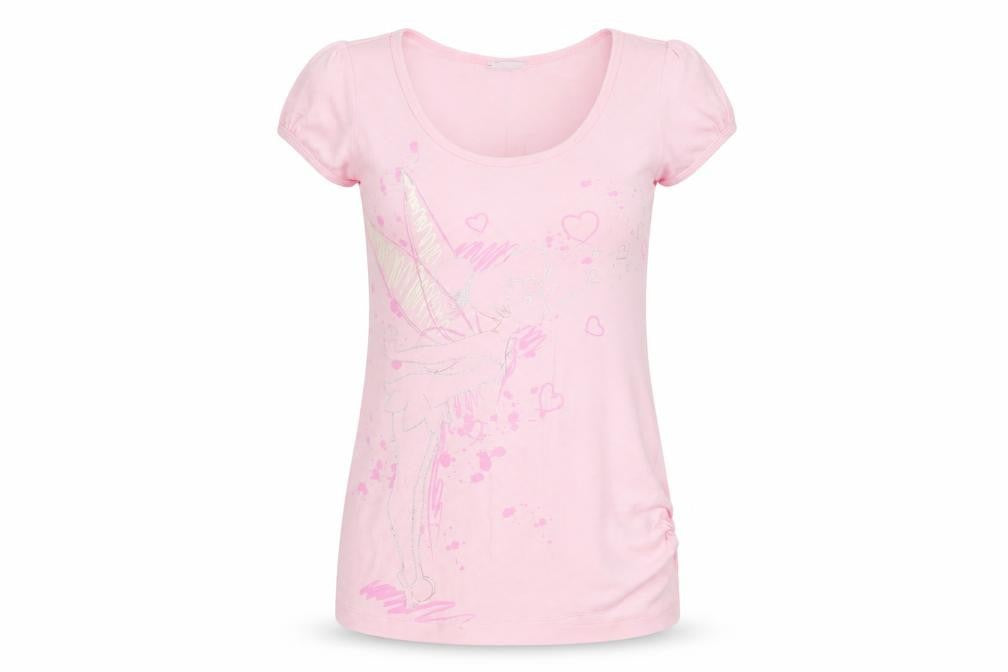 Front view of Disney women’s pink cotton basic t-shirt, size UK 10, scoop neck - tinkerbell