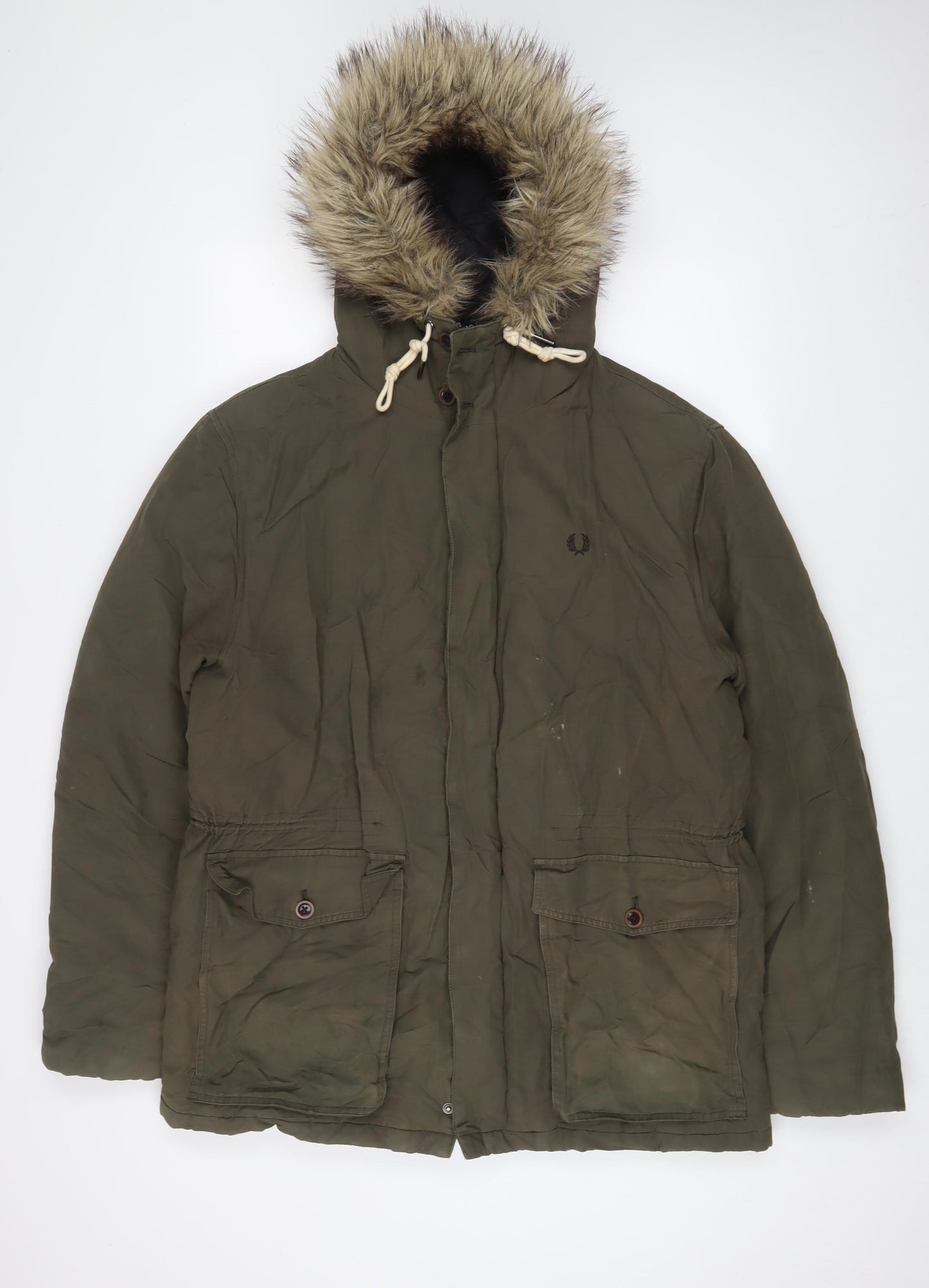 Fred Perry Mens Green Parka Coat Size L Zip