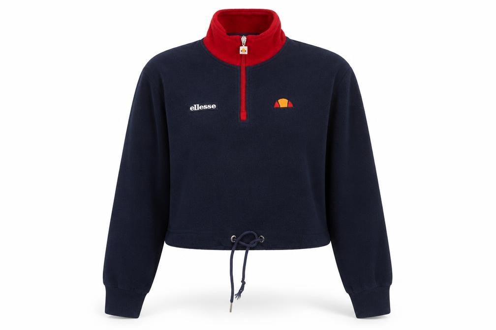 Front view of Ellesse women’s blue polyester pullover sweatshirt, size UK 4, zip - logo, embroidered