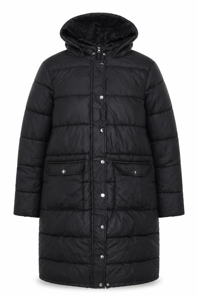 Front view of Hype women’s black puffer jacket coat, size UK 14, zip