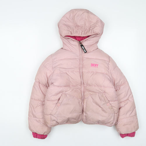 DKNY Girls Pink Basic Coat Coat Size 7-8 Years Zip - Logo