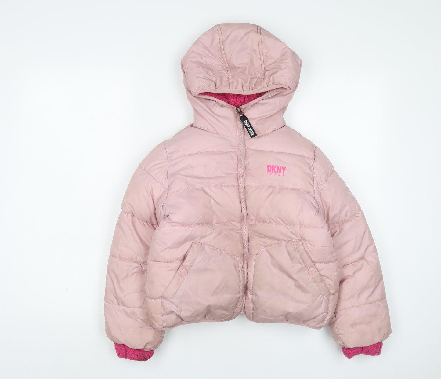 DKNY Girls Pink Basic Coat Coat Size 7-8 Years Zip - Logo