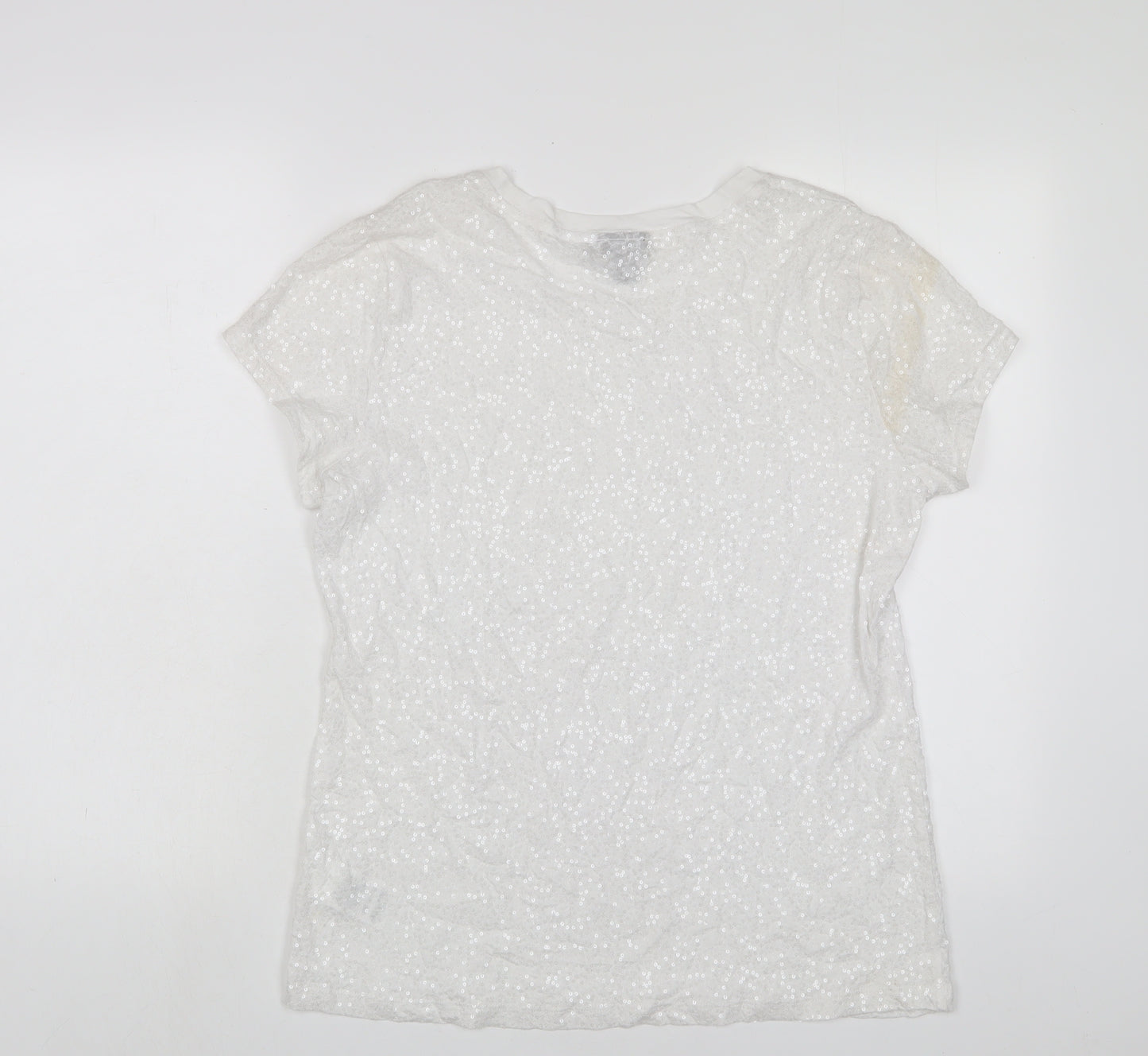 DKNY Womens White Polyester Basic T-Shirt Size L Crew Neck - Sequins