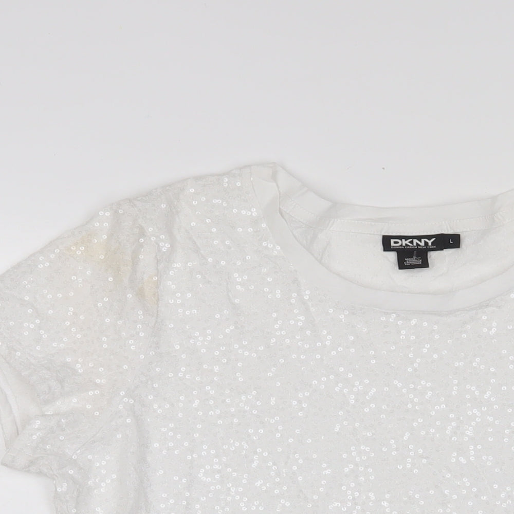 DKNY Womens White Polyester Basic T-Shirt Size L Crew Neck - Sequins