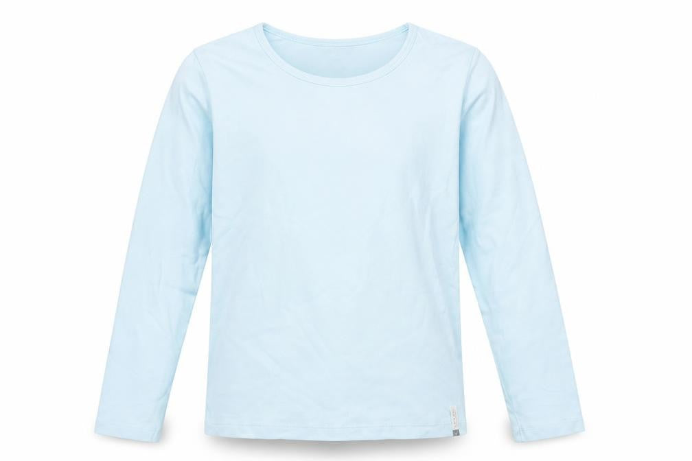 Front view of Decathlon girls’ blue cotton basic casual, size 14, years crew neck pullover