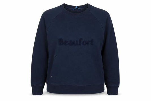 Front view of Beaufort + Blake women’s blue cotton pullover sweatshirt, size M, pullover - logo, embroidered