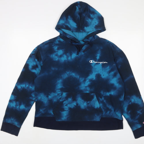 Champion Mens Blue Geometric Cotton Pullover Hoodie Size 2XL - Logo, Embroidered