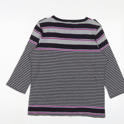 Maine Womens Grey Striped Cotton Basic T-Shirt Size 16 Boat Neck - Buttons