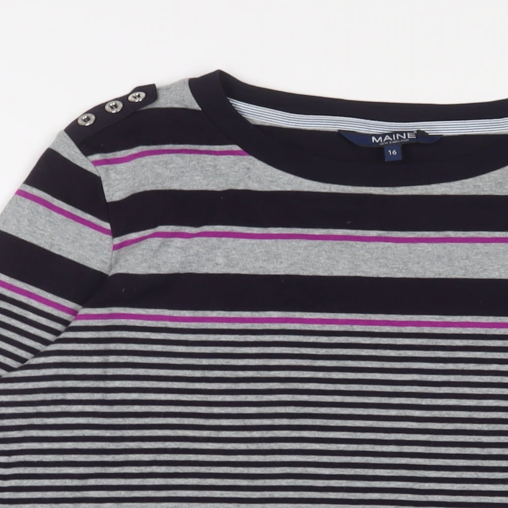 Maine Womens Grey Striped Cotton Basic T-Shirt Size 16 Boat Neck - Buttons