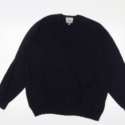 Wolsey Mens Blue V-Neck Wool Pullover Jumper Size 2XL Long Sleeve