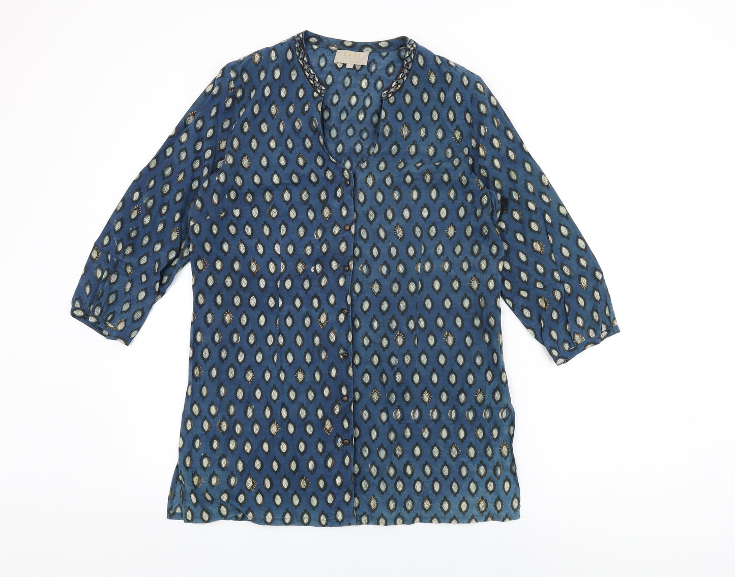 EAST Womens Blue Geometric Cotton Basic Button-Up Size 12 V-Neck