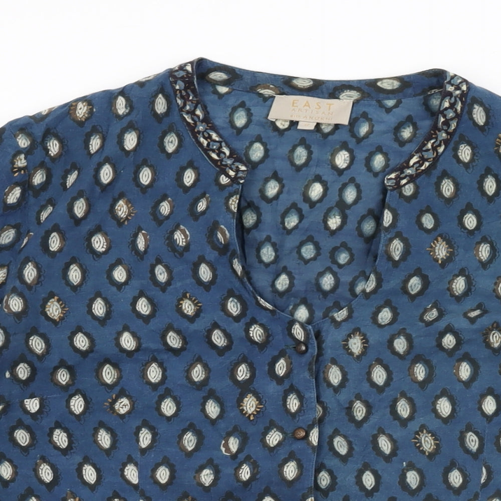 EAST Womens Blue Geometric Cotton Basic Button-Up Size 12 V-Neck