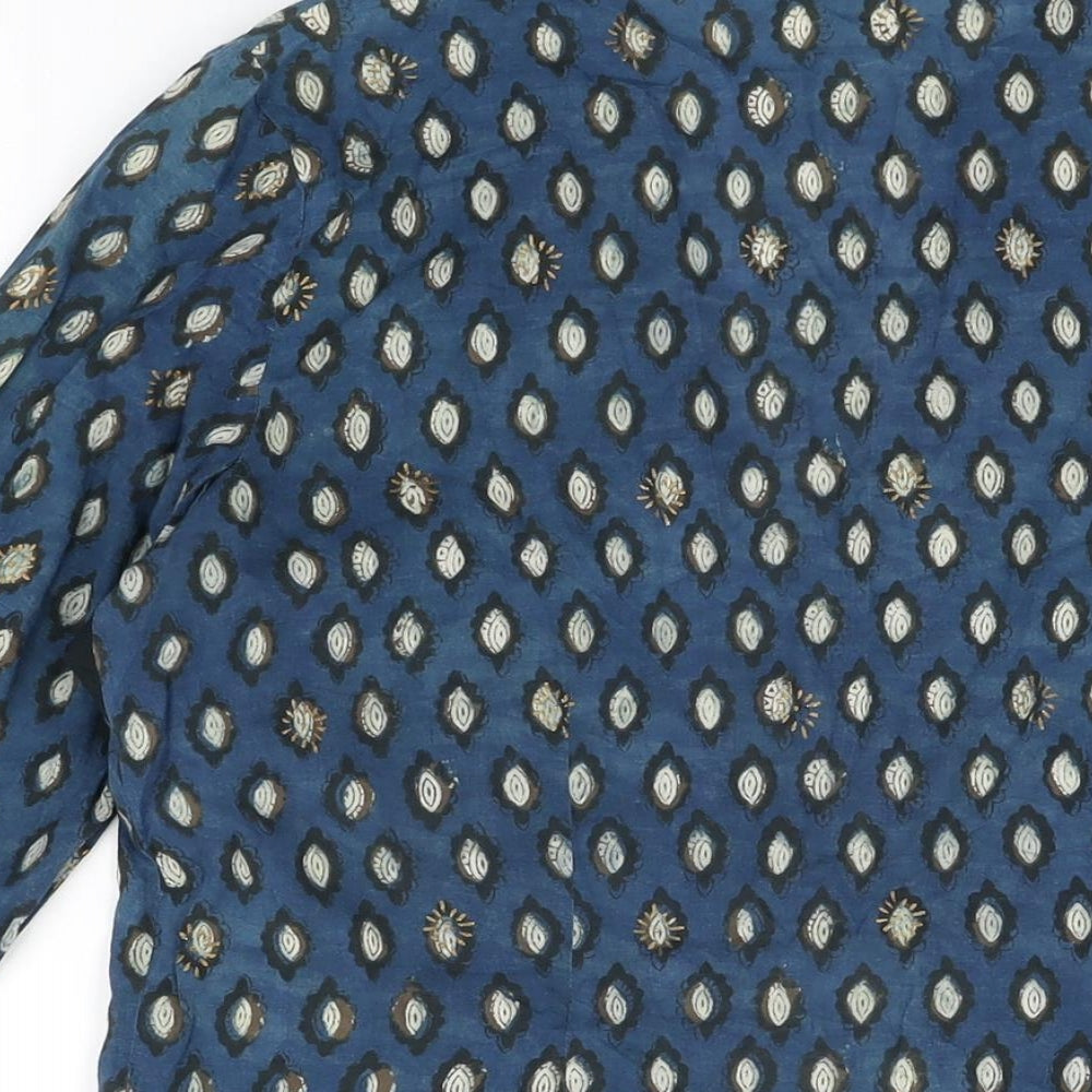 EAST Womens Blue Geometric Cotton Basic Button-Up Size 12 V-Neck