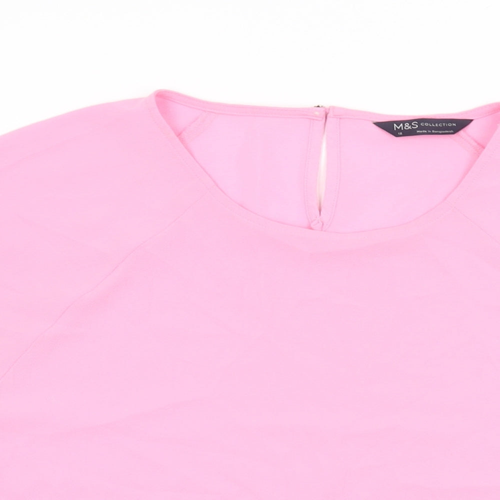 Marks and Spencer Womens Pink Polyester Basic T-Shirt Size 12 Round Neck