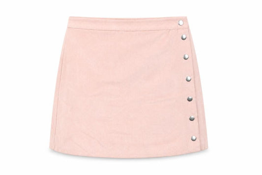 Front view of H&M women’s pink polyester mini skirt, size UK 10, snap - suede