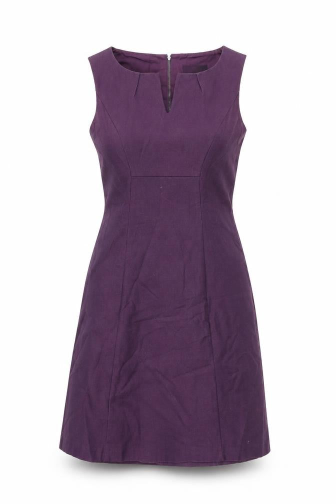 Front view of Cue women’s purple cotton shift, size UK 8, round neck zip