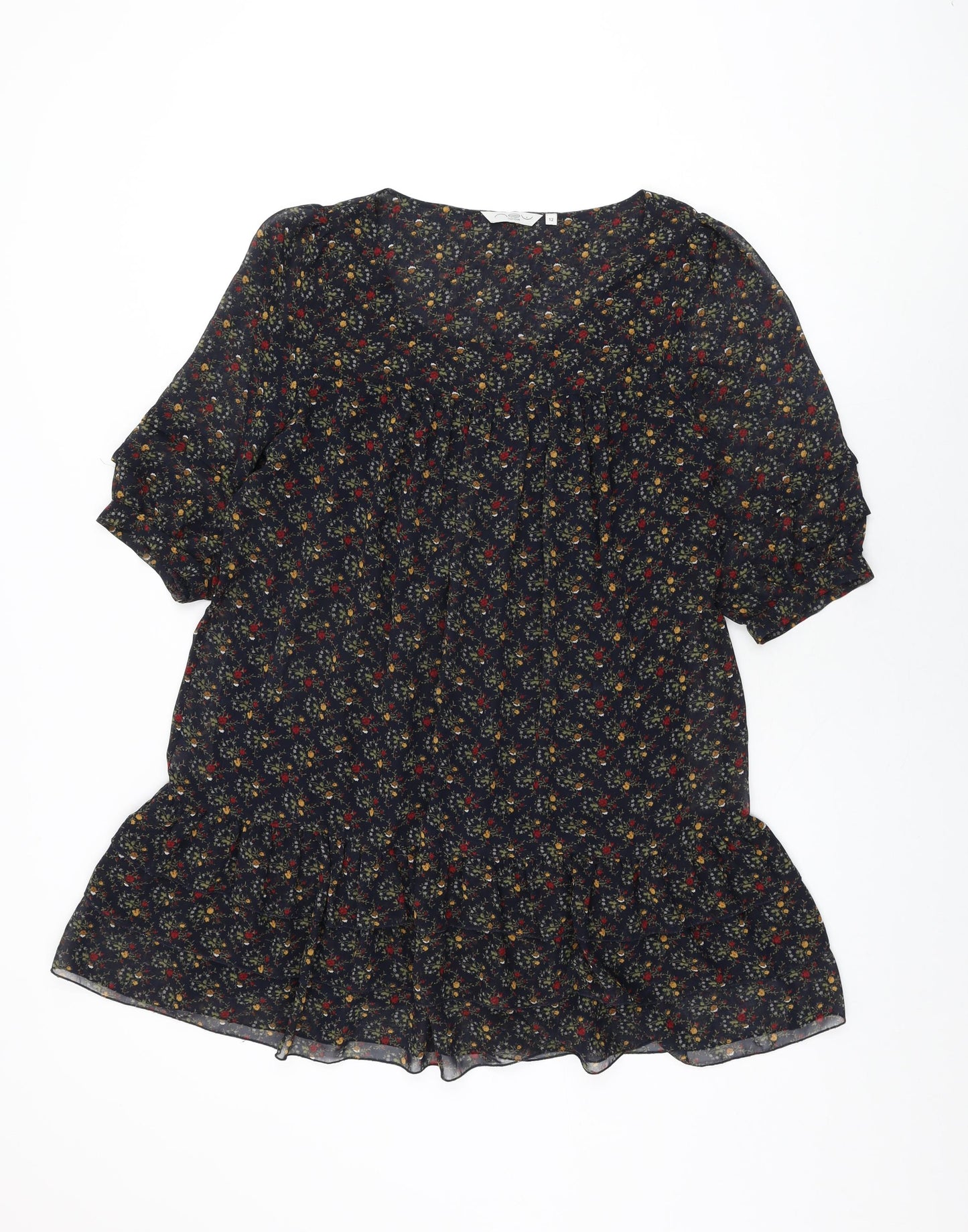 New Look Womens Blue Floral Polyester Shift Size 12 Round Neck Pullover