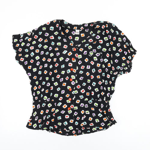 Tru Blouse Womens Black Geometric Viscose Basic Button-Up Size 14 V-Neck
