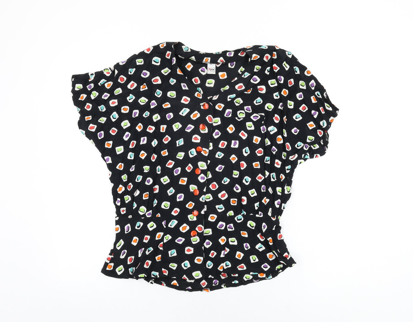 Tru Blouse Womens Black Geometric Viscose Basic Button-Up Size 14 V-Neck