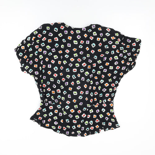 Tru Blouse Womens Black Geometric Viscose Basic Button-Up Size 14 V-Neck