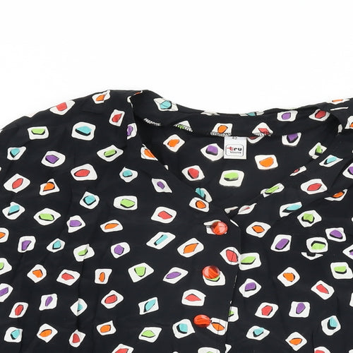 Tru Blouse Womens Black Geometric Viscose Basic Button-Up Size 14 V-Neck