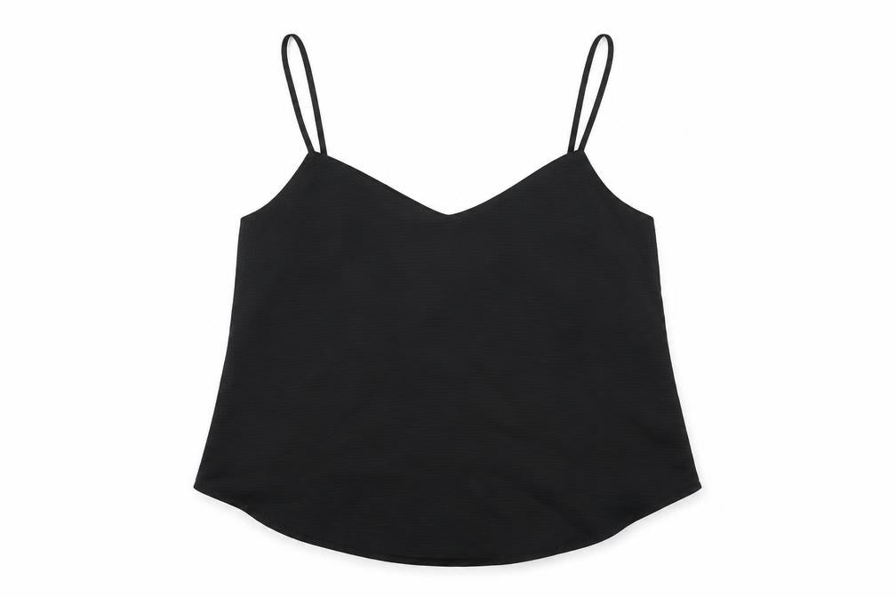 Front view of Gap women’s black polyester camisole t-shirt, size M, v-neck