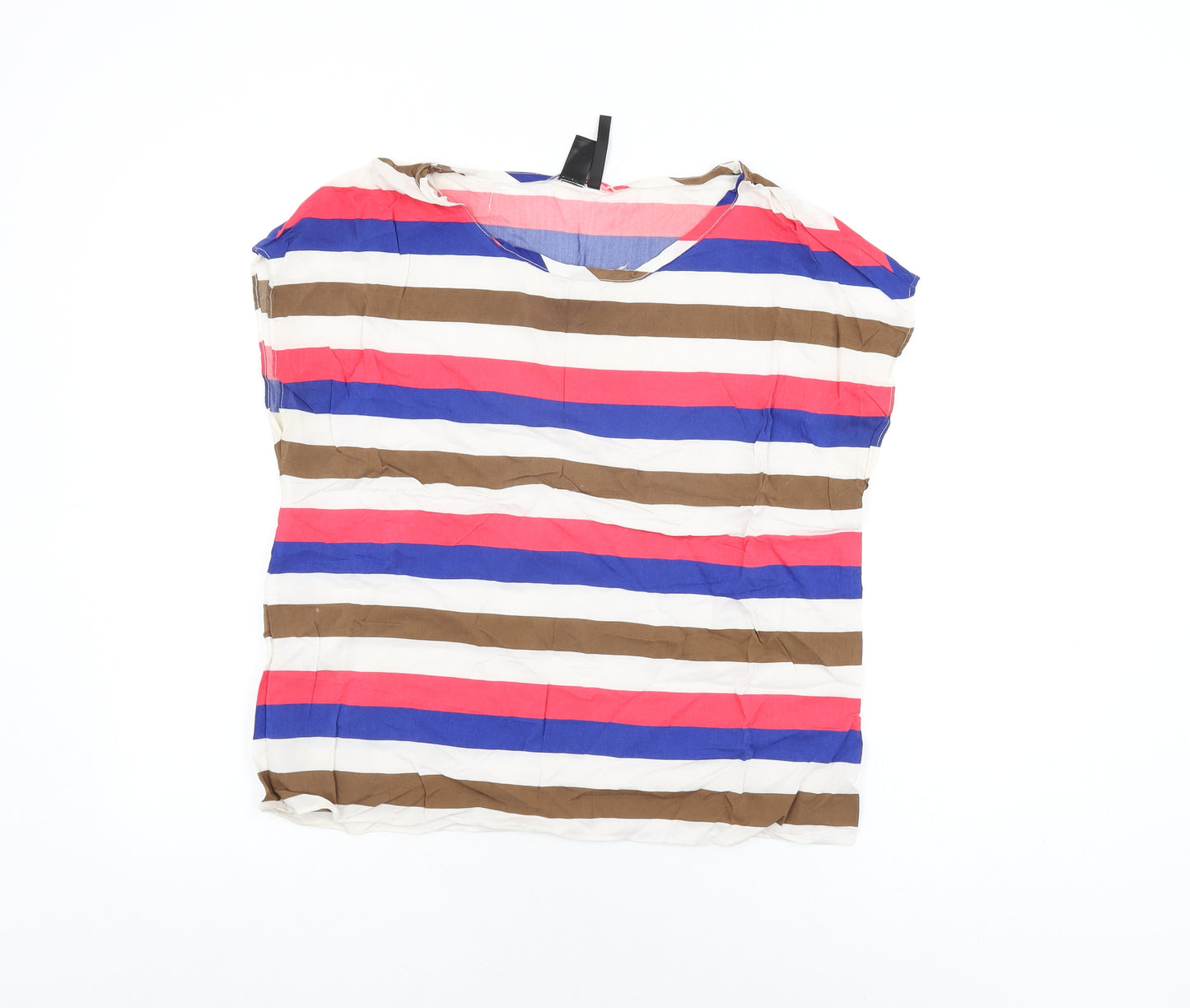 Mango Womens White Striped Viscose Basic T-Shirt Size L Round Neck