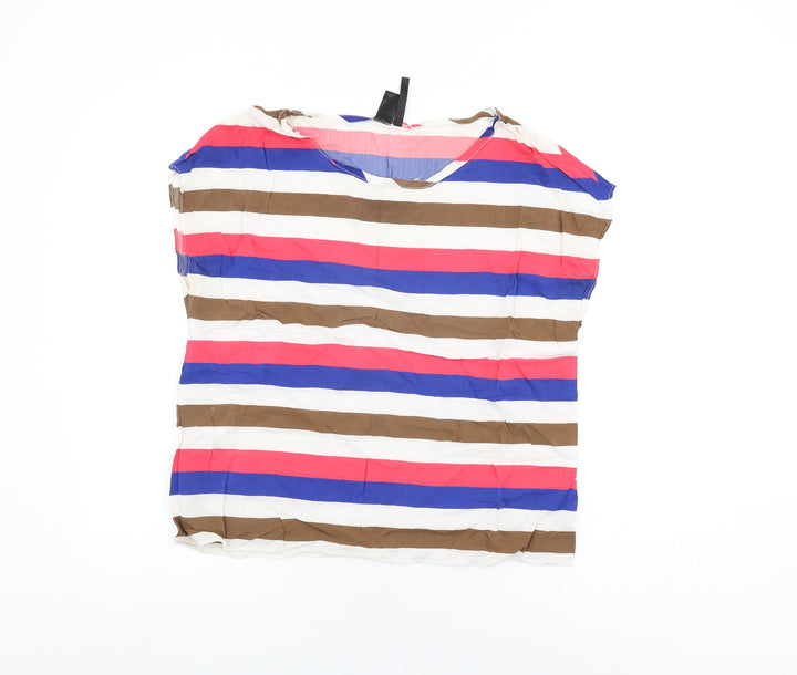 Mango Womens White Striped Viscose Basic T-Shirt Size L Round Neck