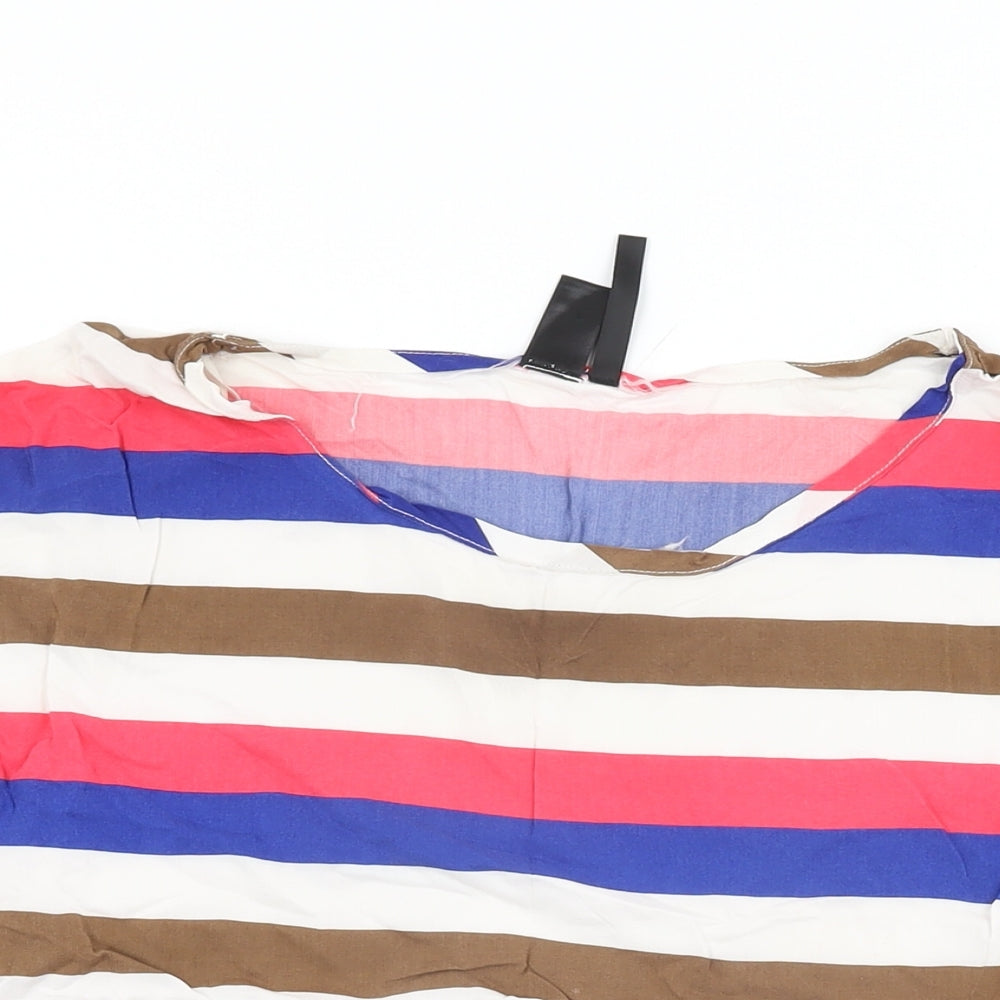 Mango Womens White Striped Viscose Basic T-Shirt Size L Round Neck