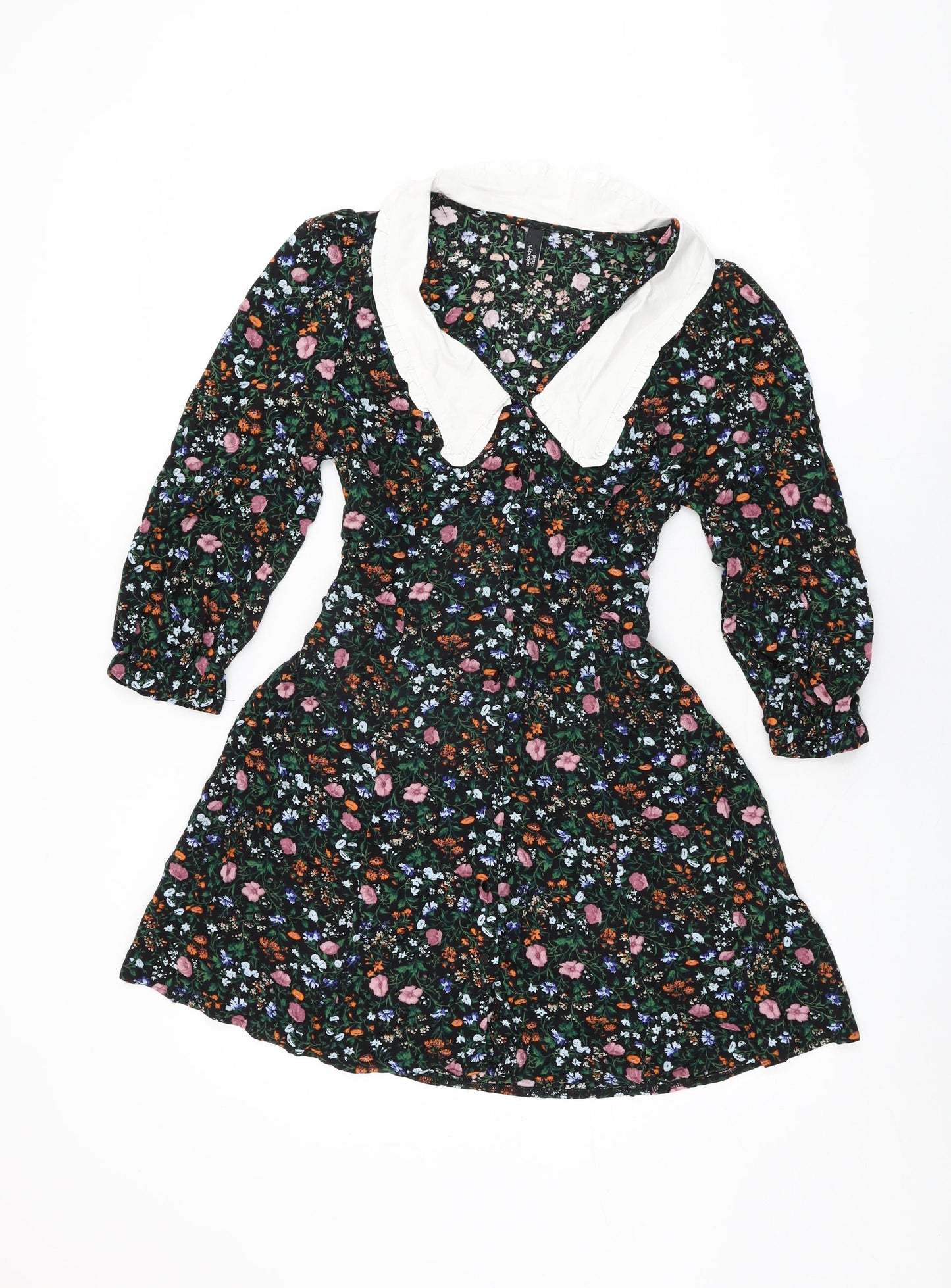 Nobody's Child Womens Black Floral Viscose Skater Dress Size 12 Collared Button