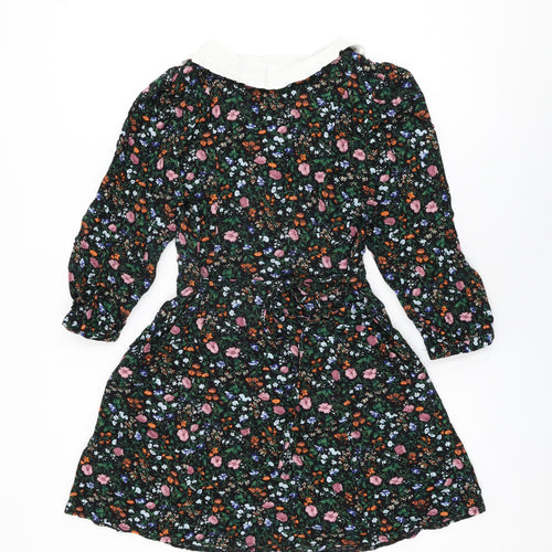 Nobody's Child Womens Black Floral Viscose Skater Dress Size 12 Collared Button