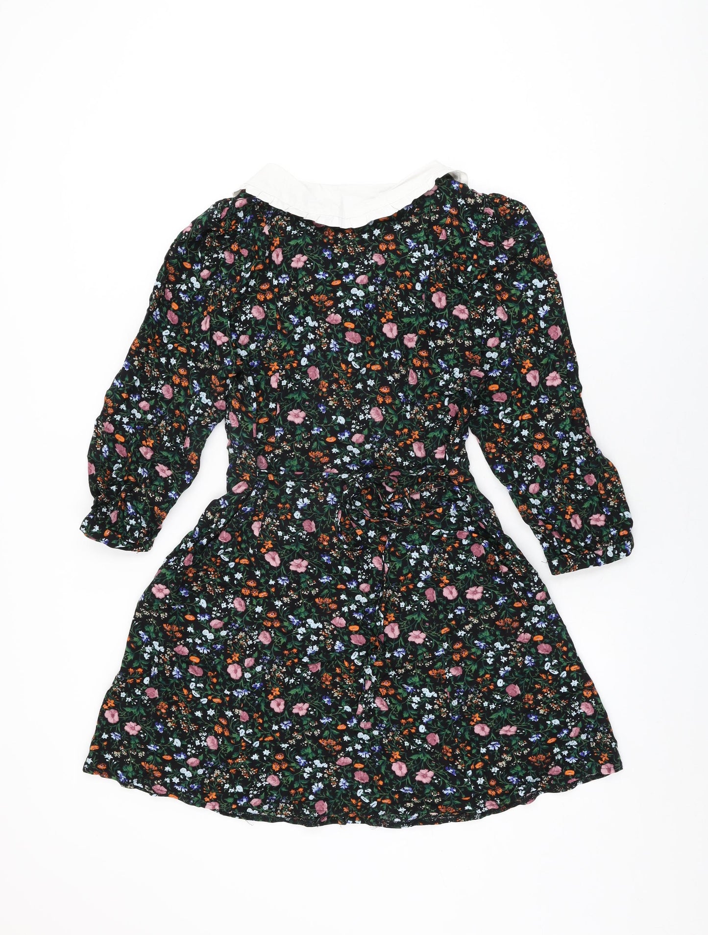 Nobody's Child Womens Black Floral Viscose Skater Dress Size 12 Collared Button