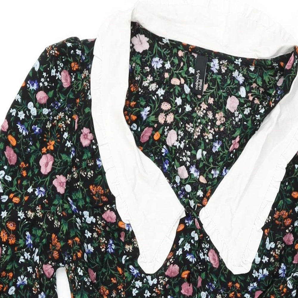 Nobody's Child Womens Black Floral Viscose Skater Dress Size 12 Collared Button