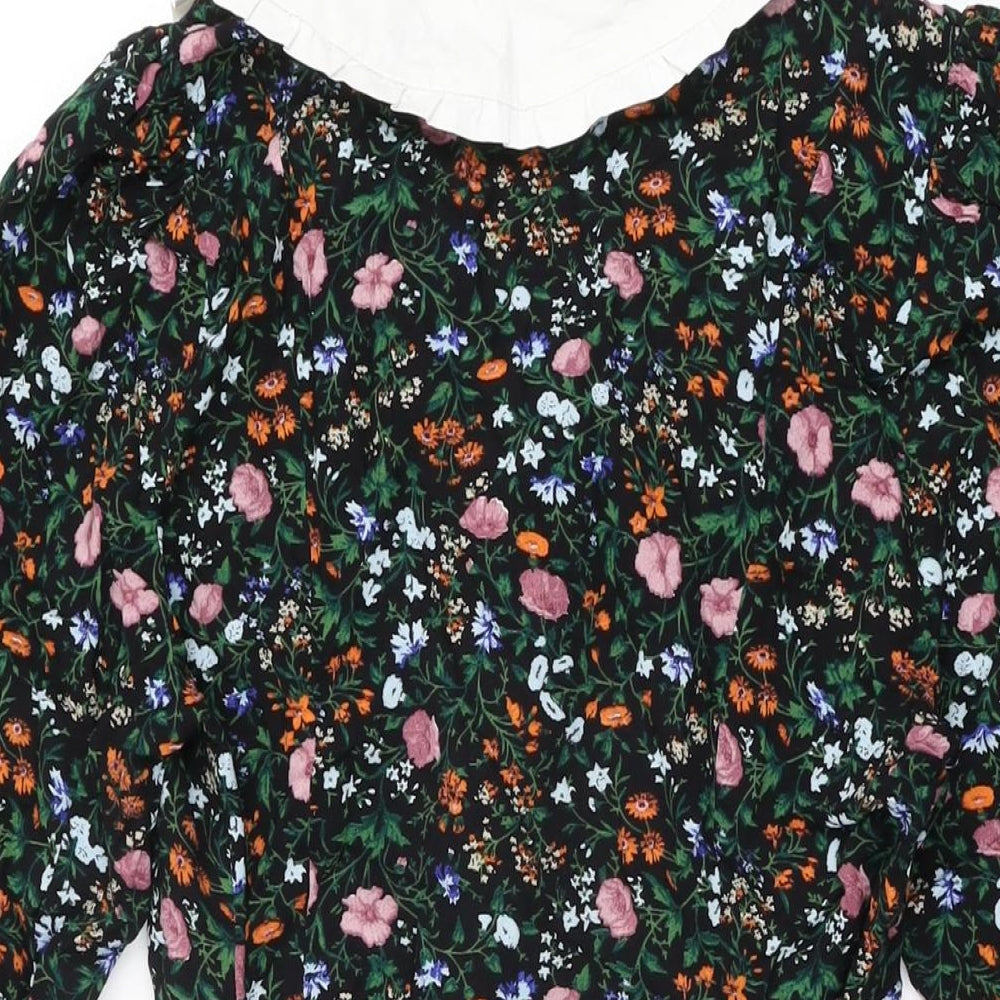 Nobody's Child Womens Black Floral Viscose Skater Dress Size 12 Collared Button