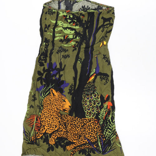 H&M Womens Green Geometric Viscose Shift Size 10 Off the Shoulder Pullover - Jungle, Leopard, Peacock Print