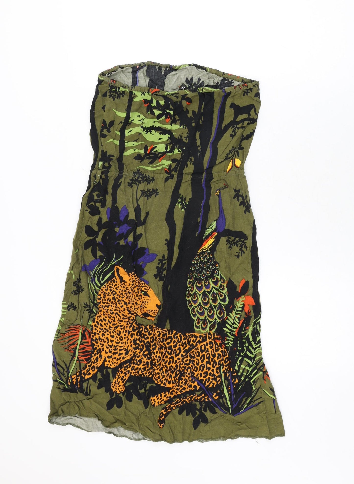 H&M Womens Green Geometric Viscose Shift Size 10 Off the Shoulder Pullover - Jungle, Leopard, Peacock Print