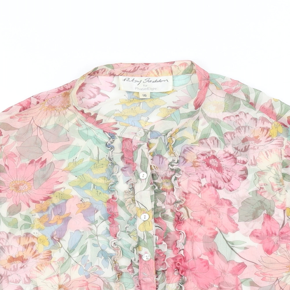 Phase Eight Womens White Floral Silk Basic Button-Up Size 16 Round Neck