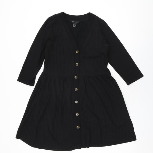 New Look Womens Black Polyester Shift Size 10 V-Neck Button