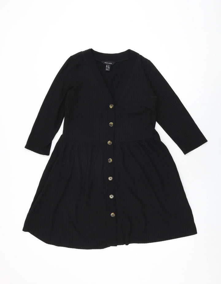 New Look Womens Black Polyester Shift Size 10 V-Neck Button