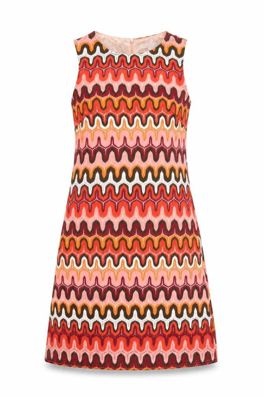 Front view of Glamorous women’s multicoloured geometric polyester shift, size UK 6, round neck zip
