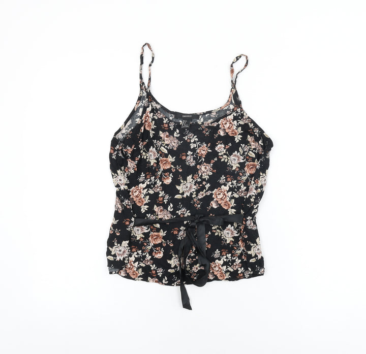 FOREVER 21 Womens Black Floral Viscose Basic T-Shirt Size S Round Neck