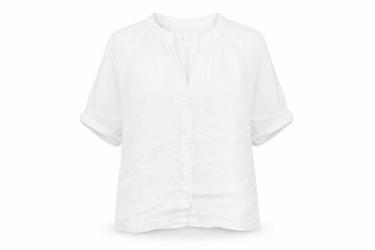 Front view of H&M women’s white viscose basic button-up, size M, v-neck