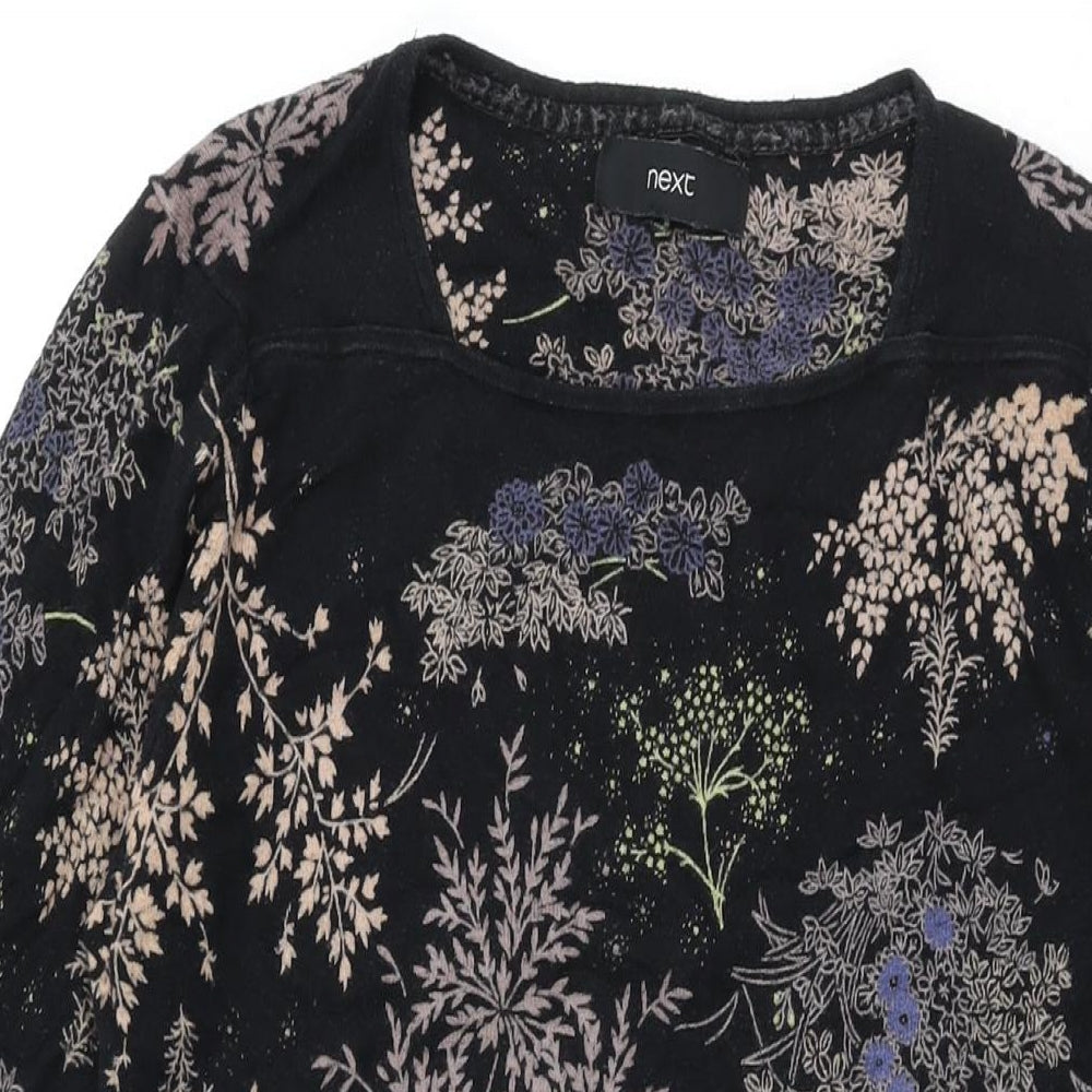 NEXT Womens Black Floral Cotton Basic T-Shirt Size 14 Square Neck