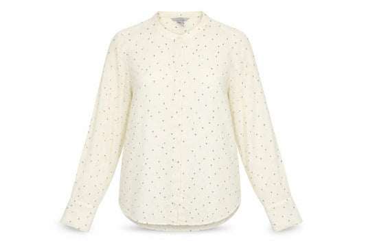 Front view of H&M women’s ivory geometric polyester basic button-up, size UK 8, round neck - heart print
