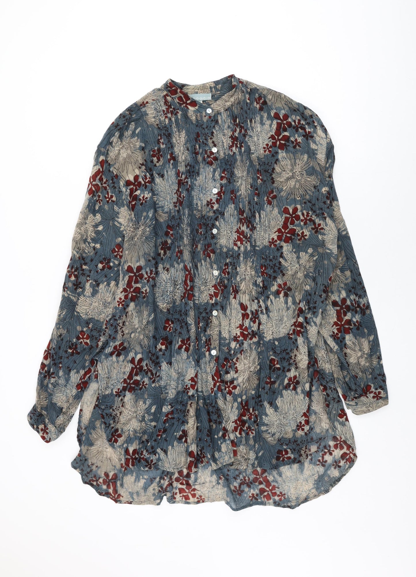 Accacia Womens Blue Floral Cotton Basic Button-Up One Size Round Neck