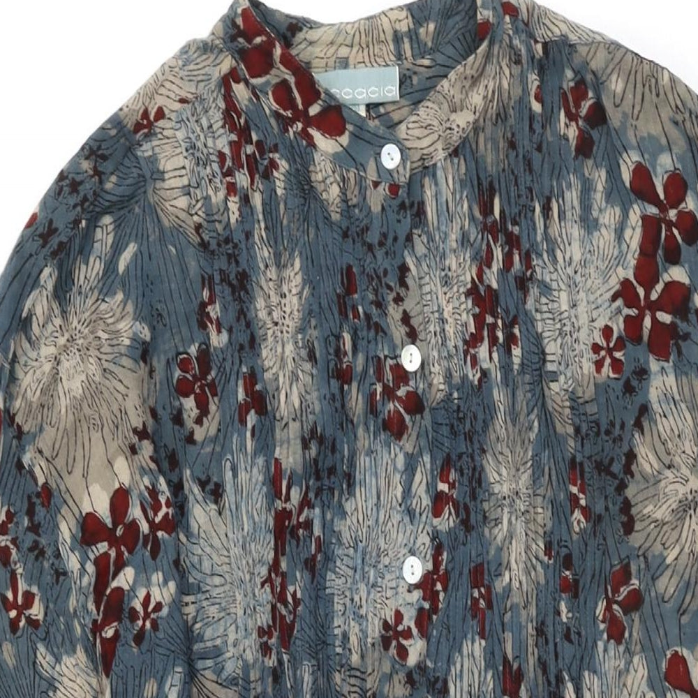 Accacia Womens Blue Floral Cotton Basic Button-Up One Size Round Neck