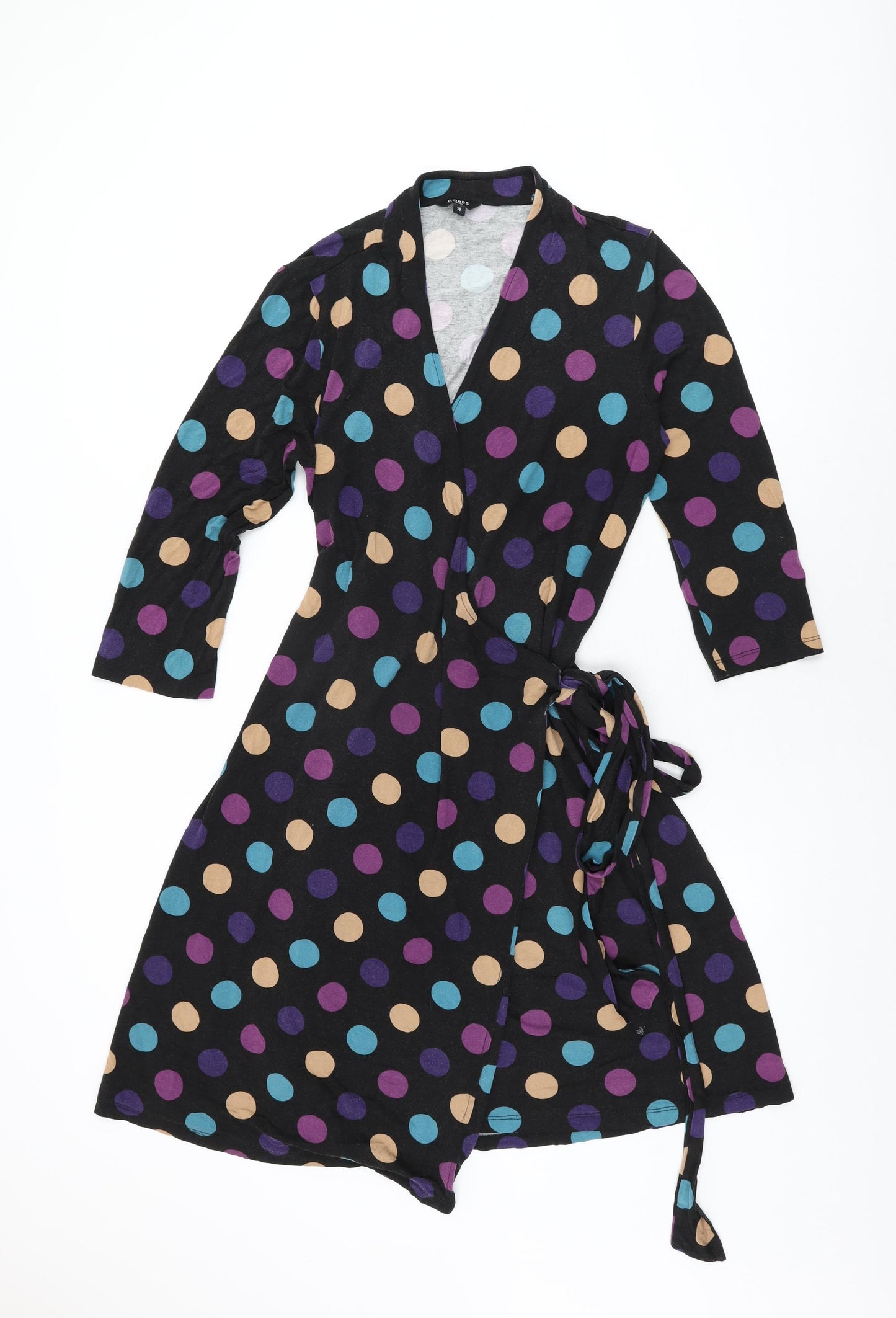 Hobbs Womens Black Polka Dot Viscose Wrap Dress Size 14 V-Neck Tie